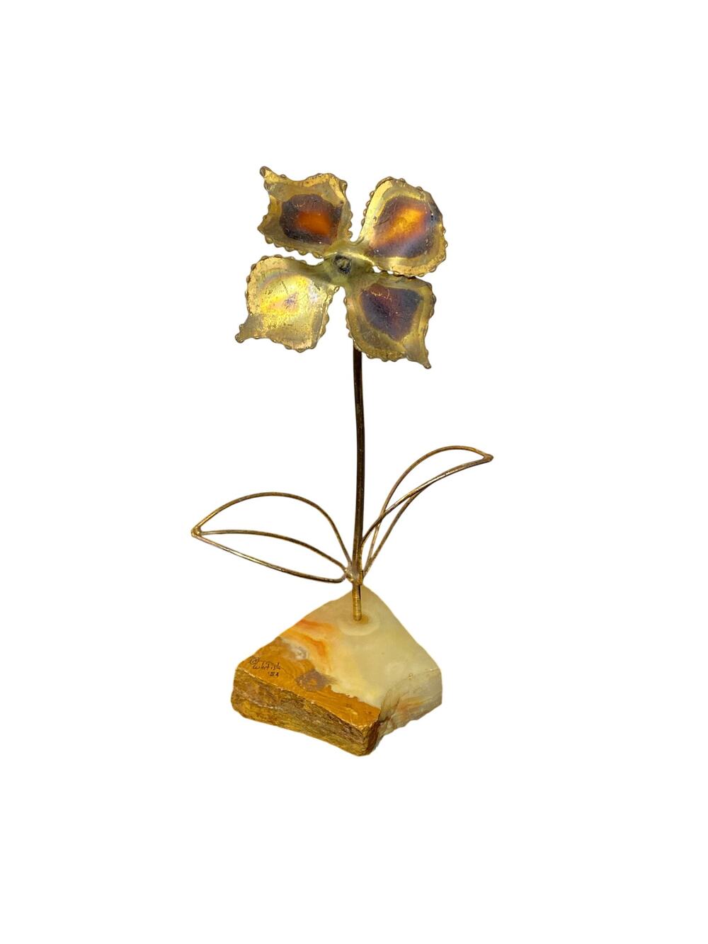 Metal Flower With Stone Base signed Whitish 1984 Vintage Gold Tone UNIQUE